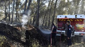 Des pompiers luttent contre un incendie dans les Pyrénées-Orientales, entre Salses-le-Château et Opoul-Perillos,le 29 juin 2022