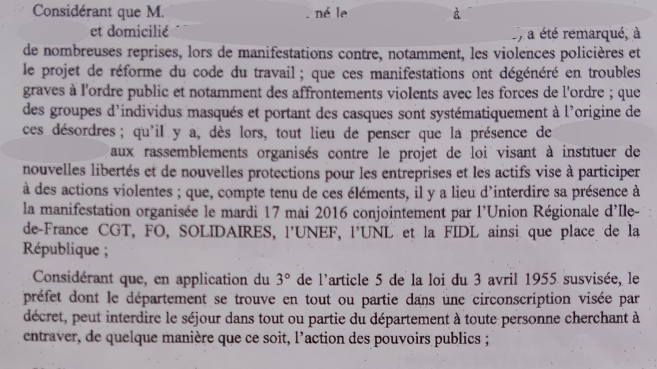 L'arrêté préfectoral interdisant à "Nnoman" d'être présent à la manifestation de mardi. L'arrêté préfectoral interdisant à "Nnoman" d'être présent à la manifestation de mardi.