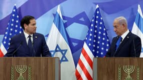 Le secrétaire d'État américain Marco Rubio en compagnie du Premier ministre d'Israël Benjamin Netanyahu à Jérusalem, le 16 février 2025.