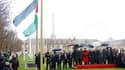 Cérémonie au siège de l'Unesco, à Paris, où le drapeau de l'Autorité palestinienne a été hissé en présence de son président Mahmoud Abbas et de la directrice générale de l'organisation des Nations unies pour l'enfance, l'éducation et la culture, pour marq