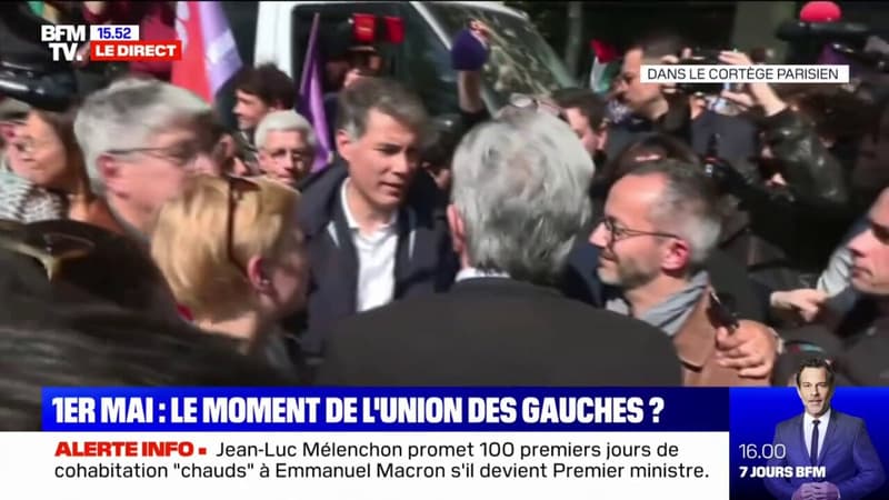 Défilé du 1er-Mai: poignée de main chaleureuse entre Olivier Faure et Jean-Luc Mélenchon