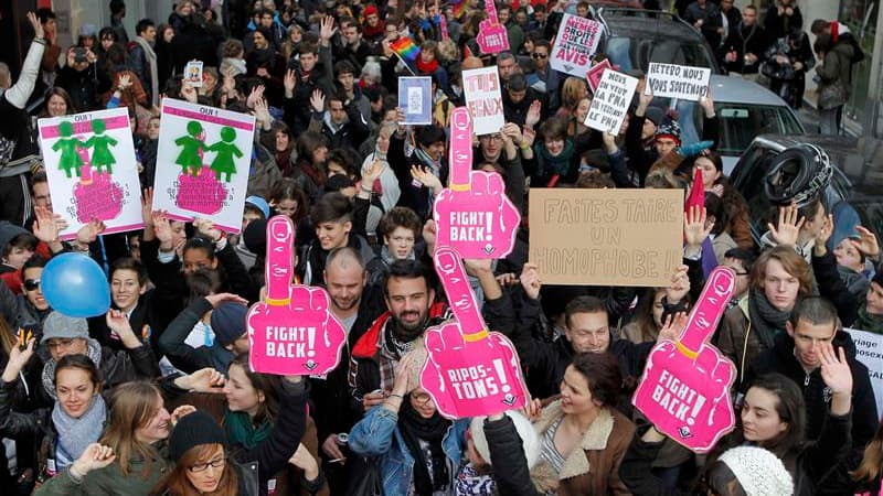 Plusieurs milliers de partisans du "mariage pour tous" ont défilé samedi dans les rues d'une dizaine de villes en France (comme ici à Nantes) pour défendre le mariage et l'adoption pour les couples de même sexe avant la "manifestation pour l'égalité" prév