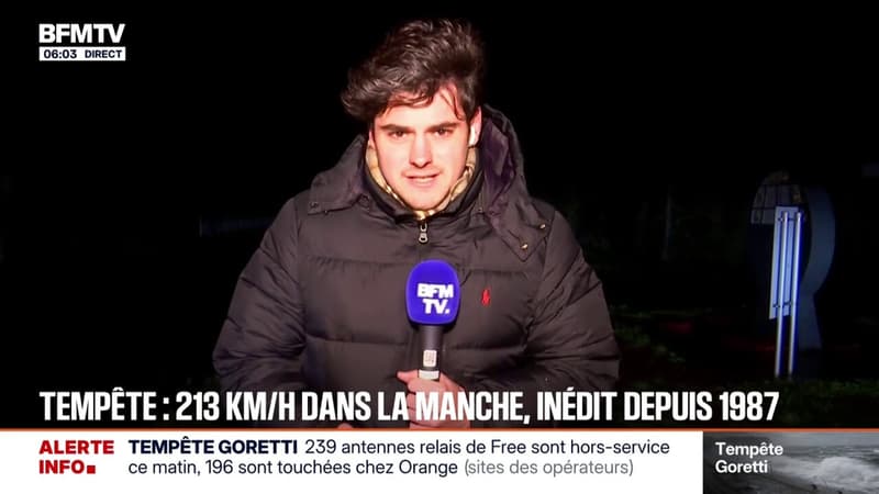 Tempête Goretti: une ligne à haute tension au sol à Ranville (Calvados)
