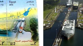 A gauche, le timbre censé représenter le canal de Suez. A droite, le canal de Panama.