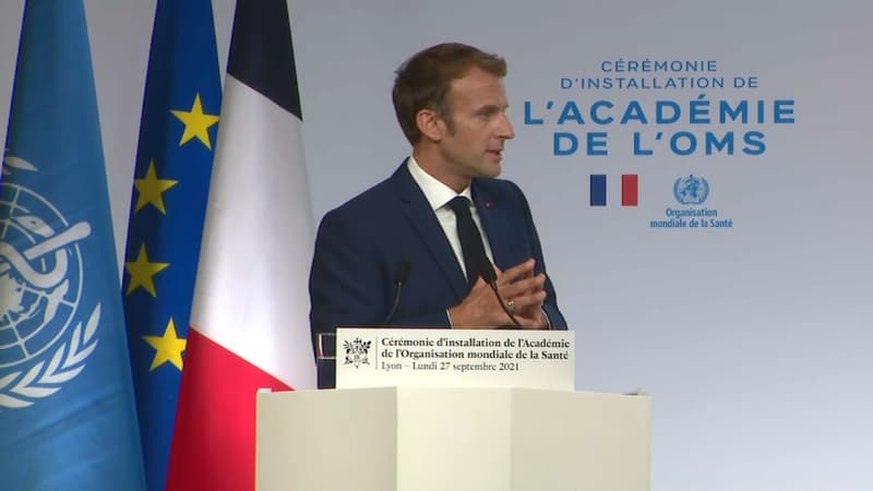 Emmanuel Macron lors de la cérémonie d'installation de l'Académie de l'OMS à Lyon.