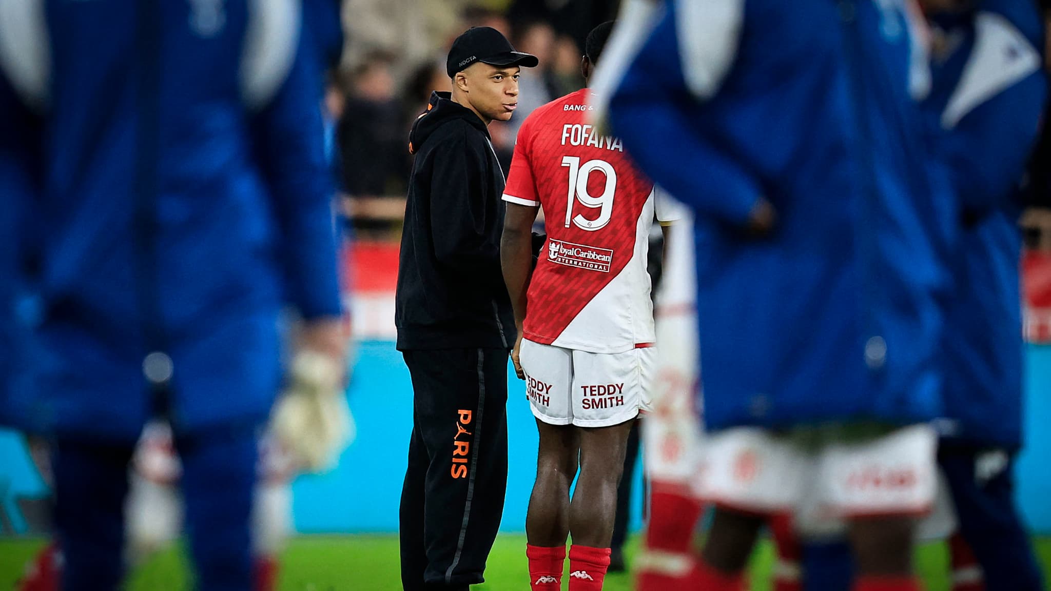Kylian Mbappé en discussion avec Youssouf Fofana après Monaco-PSG, 1er mars 2024