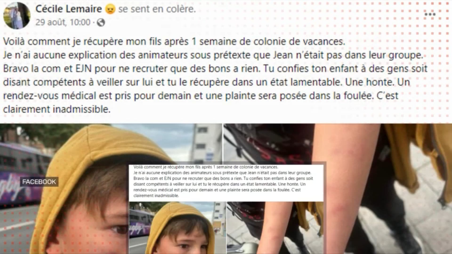 Le message Facebook de la mère de Jean, 11 ans, victime de coups lors d'une colonie de vacances, août 2024 Le message Facebook de la mère de Jean, 11 ans, victime de coups lors d'une colonie de vacances, août 2024