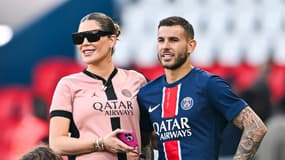 Lucas Hernandez et sa compagne Victoria Triay le 5 avril 2025 au Parc des Princes 