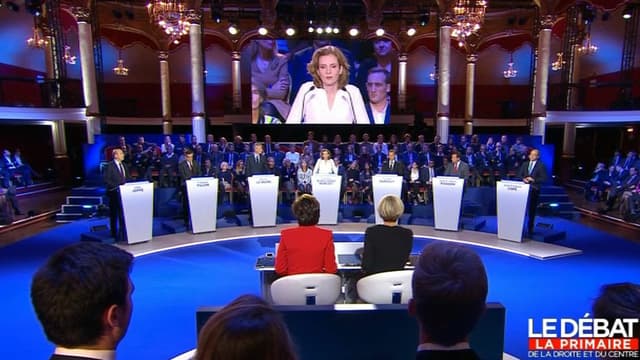 Les candidats face aux journalistes lors du deuxième débat de la primaire de la droite et du centre.