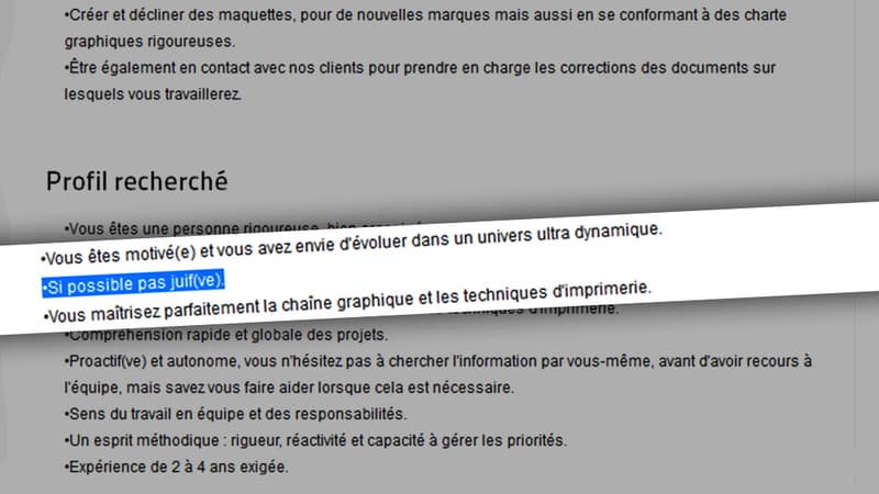 "Si possible, pas juif(ve)", indiquait l'annonce de l'agence NSL Studio sur la plateforme Graphic-Jobs. L'offre d'emploi a été supprimée lundi.