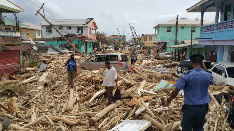 Une rue complètement coupée à Roseau sur l'île de La Dominique, le 20 septembre 2017 après le passage de l'ouragan Maria. 