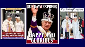 De gauche à droite, les unes du 7 mai 2023  du Mail, du Sunday Express et du Sunday Telegraph.
