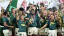 La joie du capitaine et flanker de l'Afrique du sud, Siya Kolisi, et de ses coéquipiers, après leur victoire face aux Lions Britanniques et irlandais, remportant ainsi leur série de test-matches (2-1), le 7 août 2021 au Cap