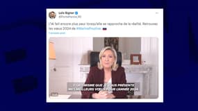 Capture d'écran d'un tweet de Loïc Signor sur Marine Le Pen le 31 décembre 2023