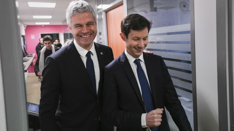 Le président des Républicains Laurent Wauquiez (à gauche) et la tête de liste LR pour les Européennes François-Xavier Bellamy, le 1er février 2019 à Trévenans, dans l'est.