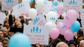 Manifestants opposés au mariage homosexuel, à Paris. Des dizaines de milliers d'opposants au mariage homosexuel ont manifesté samedi dans dix villes de France pour dénoncer le projet de loi présenté en conseil des ministres début novembre à l'appel d'un c