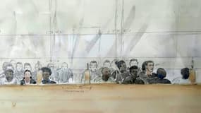 Un croquis d'audience réalisé le 15 octobre 2019 au tribunal des mineurs du palais de justice d'Evry montre certains des 13 jeunes accusés d'avoir brûlé quatre policiers dans leur voiture avec des cocktails Molotov, à Viry-Châtillon.