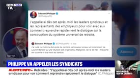 Retraite: Edouard Philippe va appeler les syndicats "pour voir comment reprendre rapidement le dialogue"