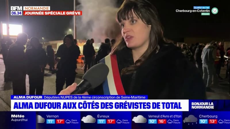 Grève du 23 mars: Alma Dufour, députée Nupes de Seine-Maritime présente à la raffinerie de Gonfreville-sur-Mer