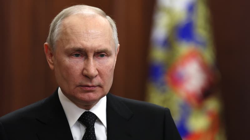 Le président russe Vladimir Poutine prononce un discours vidéo, le 24 juin 2023, alors que les combattants de Wagner organisent une rébellion, depuis avortée.