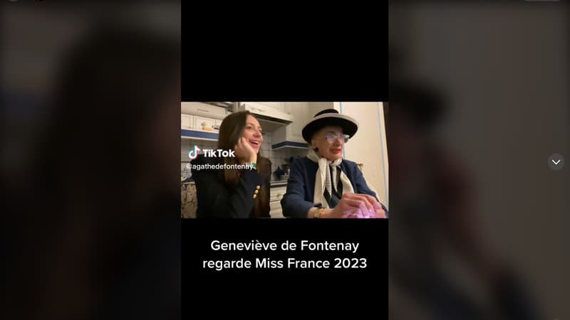 La petite-fille de Geneviève de Fontenay, Agathe, filme sa grand-mère en train de commenter le concours Miss France, le 17 décembre 2023.