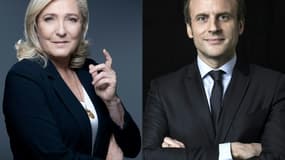 Portraits de Marine Le Pen, daté du 20 octobre 2021, et d'Emmanuel Macron, daté du 7 mars 2017