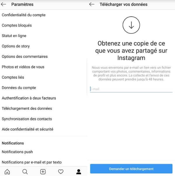 L'option "Télécharger vos données" sur Instagram. L'option "Télécharger vos données" sur Instagram.