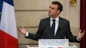Emmanuel Macron lors de la cérémonie de la galette à l'Elysée le 12 janvier 2018.