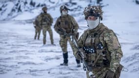 Cette image prise le 18 janvier 2025 par les forces armées danoises montre des soldats danois lors d'un exercice de tir dans un lieu tenu secret au Groenland