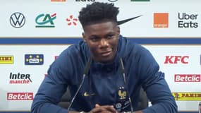 Aurélien Tchouaméni en conférence de presse avec l'équipe de France, à Clairefontaine le 5 septembre 2023