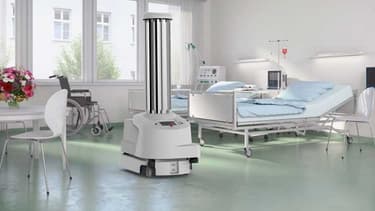 Le robot de la firme Blue Ocean Robotics se déplace de manière autonome dans les chambres des patients et les salles d'opération – couvrant toutes les surfaces critiques avec la bonne quantité de lumière ultra-violette afin de tuer des virus et des bactéries.