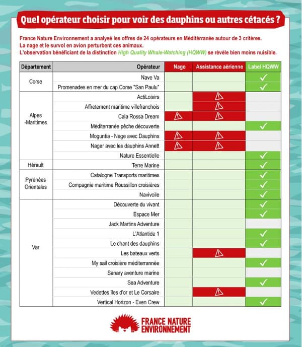 Le classement des opérateurs de cétacés réalisé par l'ONG.