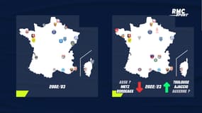 La carte de France des clubs de Ligue 1 depuis 2002 (passage à 20 clubs)