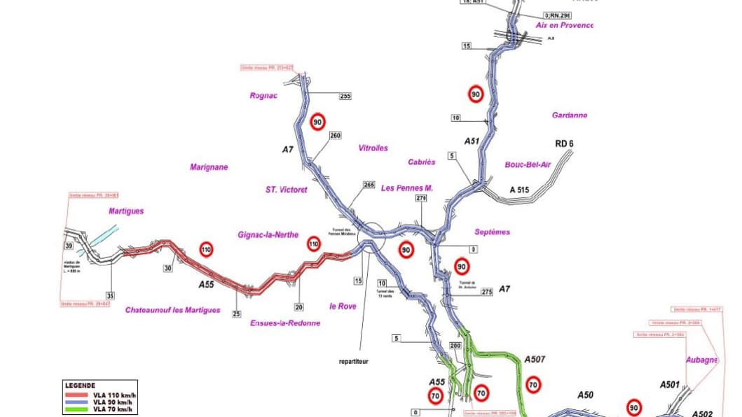 La carte de l'abaissement de la vitesse sur les autoroutes des Bouches-du-Rhône.