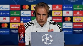 Sylvinho en conférence de presse d'avant-match de Ligue des champions, à Lyon le 16 septembre 2019