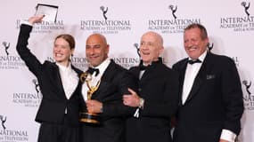 L'actrice Fleur Greffier avec, de gauche à droite, le producteur Sam Kozhaya, le producteur exécutif Jean-Luc Berlot et le réalisateur Alfred Lot à New York, le lundi 25 novembre 2024.