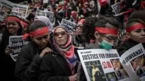 Manifestation de soutien à la jeune employée de maison torturée, Erwiana Sulistyaningsih, le 19 janvier, à Hong Kong.