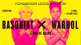 L'affiche de présentation de l'exposition "Basquiat x Warhol: A quatre mains", du 5 avril au 28 août 2023 à la Fondation Louis Vuitton dans le 16ème arrondissement parisien. 