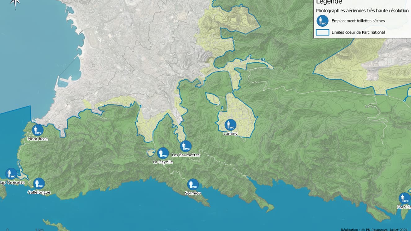 Emplacement des cabines de toilettes sèches dans les Calanques en juillet 2024