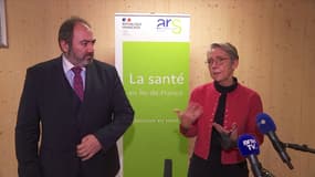 Le ministre de la Santé François Braun et la Première ministre Elisabeth Borne lors d'un déplacement à Saint-Denis (Seine-Saint-Denis), le 20 décembre 2022.