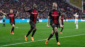 La joie des joueurs du Bayer Leverkusen, le 27 avril 2024