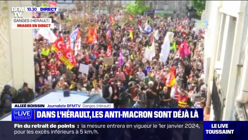 Les images des manifestants qui attendent Emmanuel Macron à Ganges, dans l'Hérault