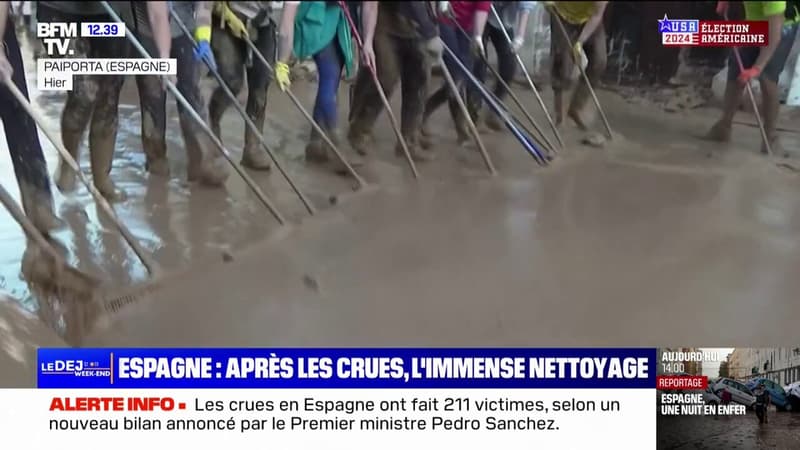 Pelles, raclettes, grues... Tous les moyens sont mis en oeuvre pour nettoyer les villes après les inondations en Espagne