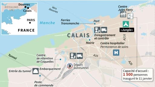 Carte de la ville de Calais, de son port, du site du tunnel sous la Manche et des campements de migrants : "Jungle", centre de jour et centre d'accueil provisoire en dur Carte de la ville de Calais, de son port, du site du tunnel sous la Manche et des campements de migrants : "Jungle", centre de jour et centre d'accueil provisoire en dur