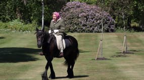 La reine Elizabeth II monte Balmoral Fern, un poney Fell âgé de 14 ans, à Windsor Home Park, en mai 2020