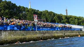 Les nageuses du 10km longent les murs de la Seine lors des JO de Paris, le 8 août 2024