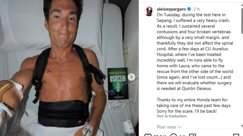 Le message du pilote Aleix Espargaro sur Instagram après sa chute, 9 avril 2026 Le message du pilote Aleix Espargaro sur Instagram après sa chute, 9 avril 2026