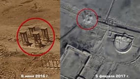 Image tirée d'une vidéo fournie par le ministère russe de la Défense, le 13 février 2017, montrant les nouvelles destructions de sites antiques par les jihadistes de l'EI à Palmyre, en Syrie