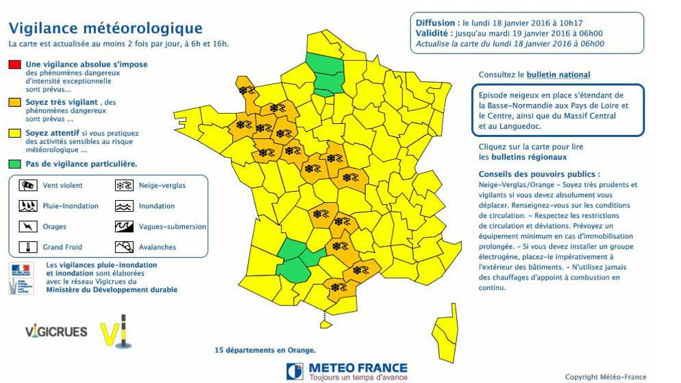 Quinze départements ont été placés en vigilance orange neige-verglas par Météo-France. Quinze départements ont été placés en vigilance orange neige-verglas par Météo-France.