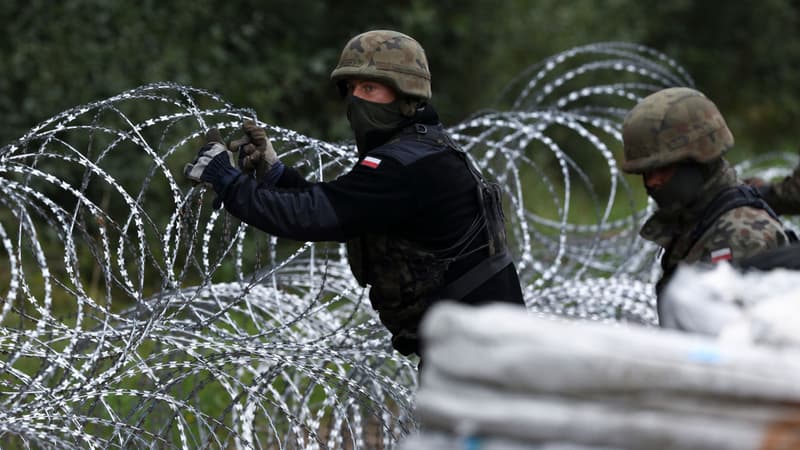 Des soldats polonais construisent une barrière de barbelés à la frontière avec la Biélorussie à Zubrzyca Wielka, dimanche 26 août. 